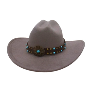 Detail of wool felt fedora featuring turquoise beads and sunflower metal buckle decoration