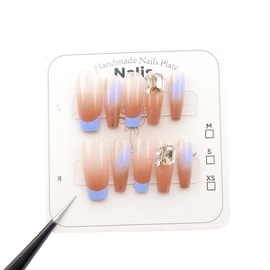 Gradient brown and blue french press-on nails with luxury crystal rhinestone accents