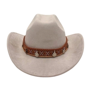 Detail of western cowboy hat with ethnic braided band and silver coin ornaments