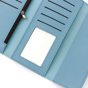 Detailed interior of blue PU leather wallet showing card slots and ID window