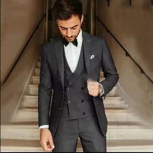 Formal dark grey slim fit 3-piece groom tuxedo suit with blazer vest and trousers