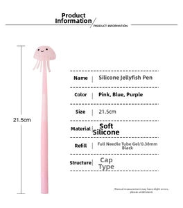 Detail showing pink silicone jellyfish pen dimensions of 21.5cm with 0.38mm needle tip