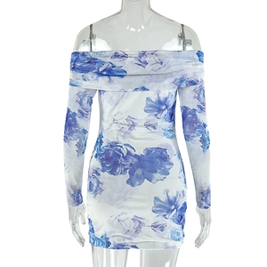 Detail of off-shoulder mini dress featuring blue floral print and slim-fit long sleeves