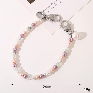 Natural shell pearl phone charm strap in pink and purple beads, 26cm handmade chain