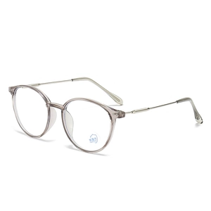 Blue light blocking glasses with transparent grey frames and slim silver metal temples