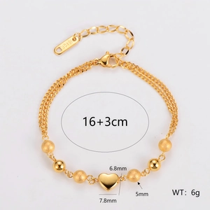 18K gold plated stainless steel double chain bracelet with heart and bead charms