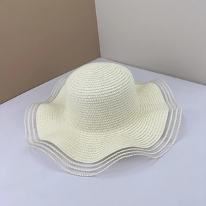 French wide brim straw hat in cream white with wavy lace edge trim for women