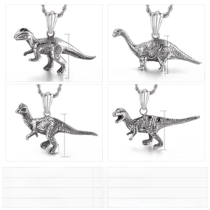 Detailed grid showing four punk dinosaur pendants with size and weight specifications