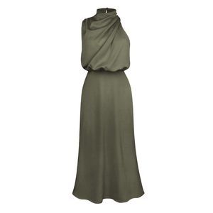 Detail of elegant olive green satin maxi dress showing the draped neck and sleek texture