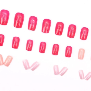 Sweet pink and fuchsia gradient press-on nails set in short square shape with glitter