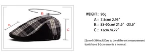 Size chart showing height and brim dimensions for the plaid corduroy flat cap