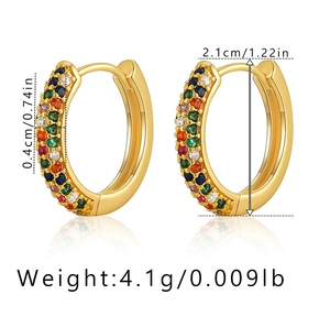 Detail view of 18K gold plated hoop earrings with three rows of colorful zircon stones