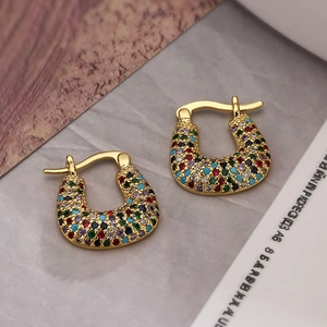 Luxurious gold-plated U-shaped hoop earrings with vibrant multi-color zircon stones