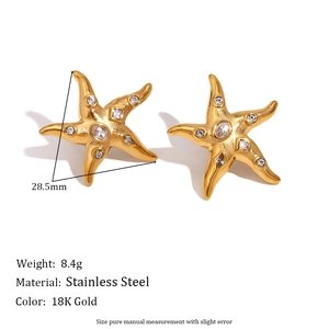 Gold-plated stainless steel starfish stud earrings with sparkling cubic zirconia stones