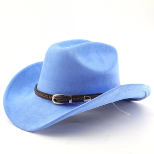 Sky blue suede western cowboy hat featuring a brown braided leather band and metal buckle