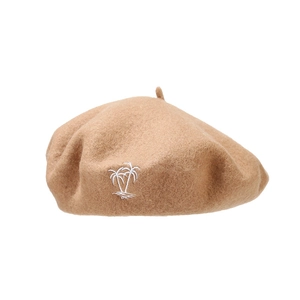 Khaki wool beret with palm tree embroidery in a minimalist vintage fashion style