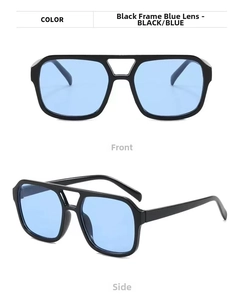 Detailed front and side views of black double-bridge aviator sunglasses with blue lenses