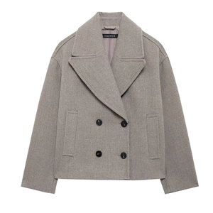 Women's grey double-breasted wool blend short coat with lapel collar and side pockets