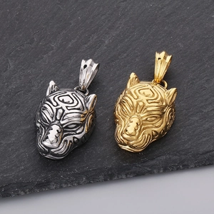 Detailed macro view of retro tiger head pendants in polished gold and silver steel finish