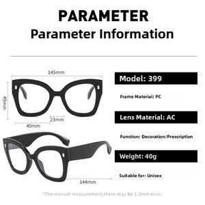 Detailed size chart for cat eye blue light glasses with precise frame measurements