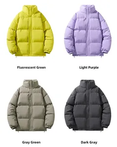 Multiple color options for men's unisex puffer jacket in green, purple, and gray tones