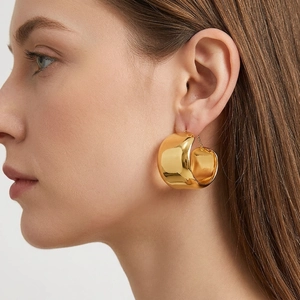 Fashion Stainless Steel C-Shaped Smooth Glossy Hoop Earrings For Women PVD Gold Plated Minimalist Large Chunky Geometric Jewelry