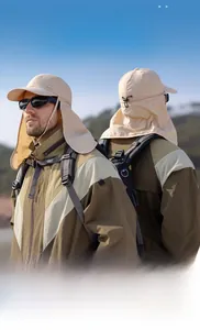 Detail of sun hat with wide brim and detachable neck flap for 360-degree face protection