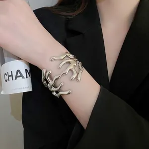 Artistic silver liquid metal branch open cuff bracelet with a polished mirror finish