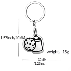 Pickleball paddle keychain in stainless steel with ball charm and size dimensions