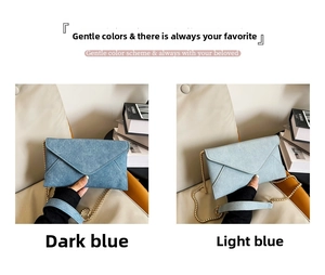 Detail showing dark and light blue denim envelope bags with gold chain shoulder straps