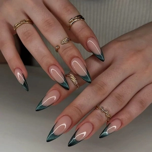 Long Stiletto Press On Nails Green Cat Eye French Style Artificial Fake Finger Nails Removable Glossy ABS For Women