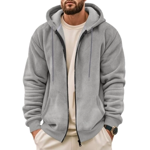 Men's light grey waffle knit zip-up hoodie featuring adjustable drawstrings and side pockets
