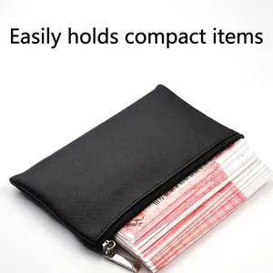 Minimalist black PU leather wallet with Saffiano texture and silver zipper storage