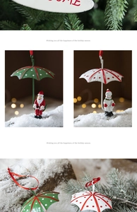 Close-up of Santa and snowman Christmas ornaments with polka dot parachute details