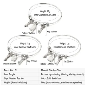 Detailed view of stainless steel lock and key bracelets with precise technical measurements