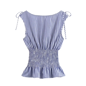 Haut femme à carreaux bleus et blancs sans manches avec taille élastique et nœuds