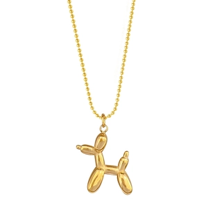3D golden balloon dog pendant necklace with minimalist bead chain on a white background