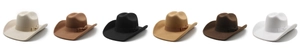 Row of six colorful felt cowboy hats featuring ribbon bows and classic western designs