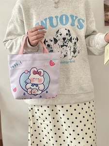 Cute purple canvas tote bag with rabbit print and pink handles for women