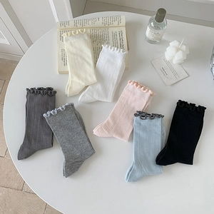 Women Mid-Calf Socks Cotton Ribbed Lettuce Edge Ruffle Trim Solid Color Breathable Casual Balletcore Style