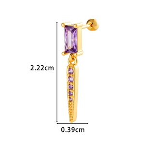 Golden geometric earring with purple zircon stones and spike pendant 2.22cm length