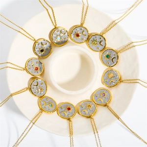Titanium steel birthstone necklaces with gold sun moon coin pendants in 12 colors