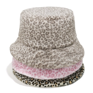 Winter faux fur leopard print bucket hats in brown, pink and grey plush textures
