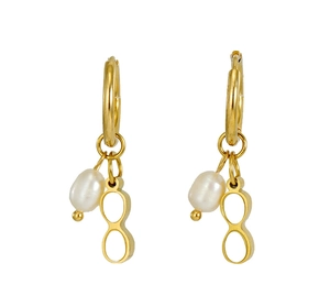 Close-up of 18K gold stainless steel hoop earrings with natural pearl and number 8 charms