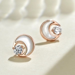 S925 silver moon stud earrings in rose gold with mother of pearl and zircon stones