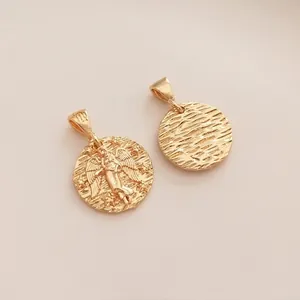 14K gold filled zodiac coin pendant with embossed angel and wavy water texture