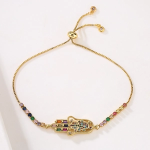 Gold-plated Hamsa Hand bracelet with colorful zircons and adjustable slider chain