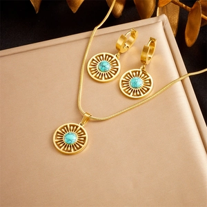Bohemian Gold Plated Stainless Steel Necklace And Hoop Earrings Women Vintage Sunburst Round Turquoise Jewelry Fashion
