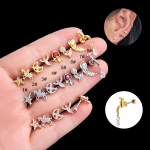 Cubic Zirconia Cartilage Stud Earrings Stainless Steel Screw Back Helix Piercing Faucet Star Heart Shapes For Women