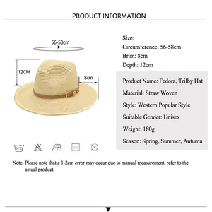 Straw fedora jazz hat with 8cm brim and leather buckle band for sun protection